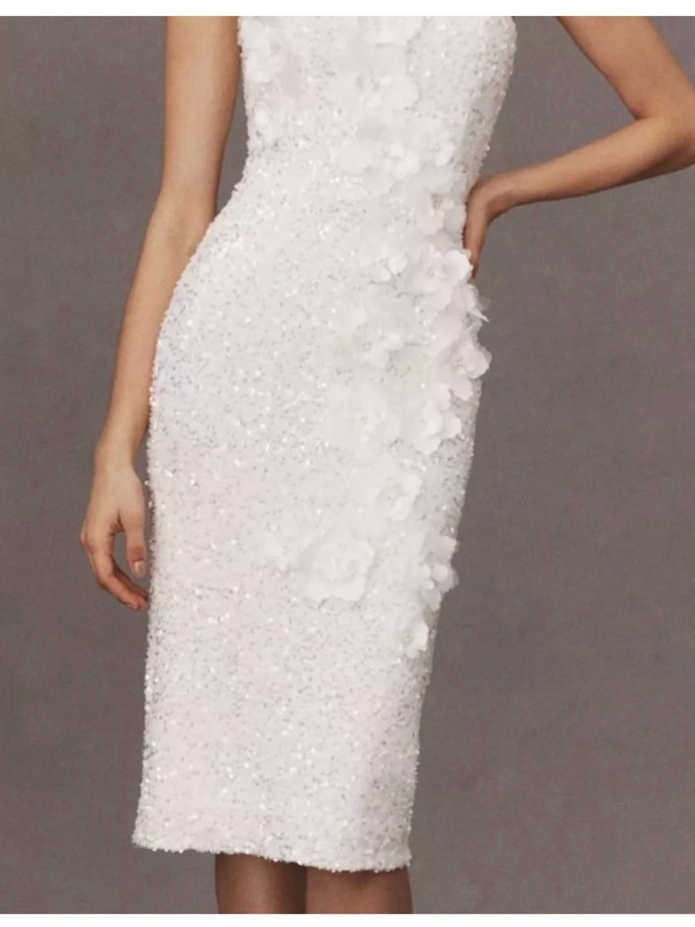 White Strapless Sequin Dress with 3D Floral Appliqué